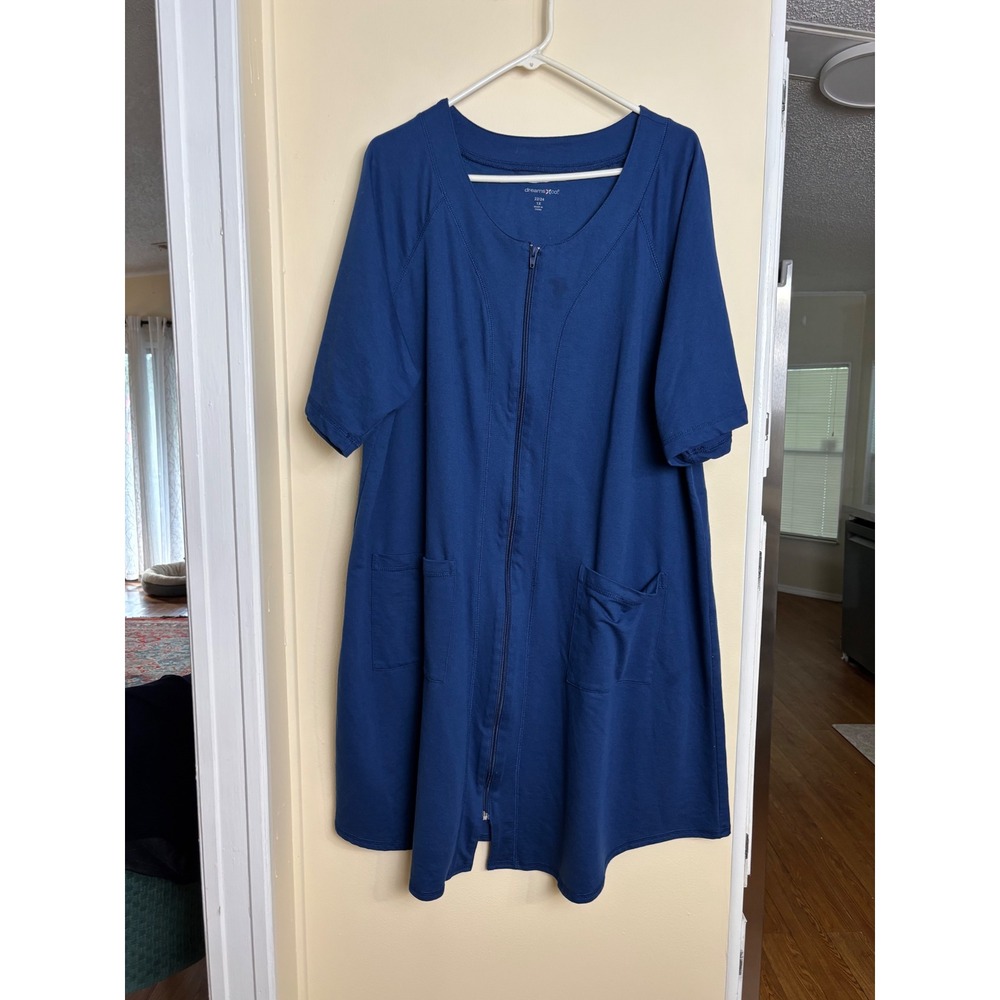 Dreams & Co Womens 1X Blue Zip Front Robe Short Sleeve Cotton Blend House Coat